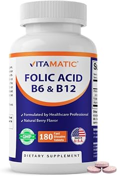 Vitamatic Folic Acid, Vitamin B12 & B6 180 Fast Dissolve Tablets Heart Health, Energy Production & Red Blood Cell Support