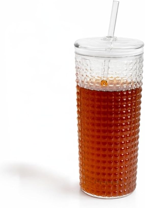 Desenli Borosilikat Pipetli Cam Bardak, 550 ml, Kapaklı ve Pipetli, Soğuk İçecekler İçin Kupa Mug