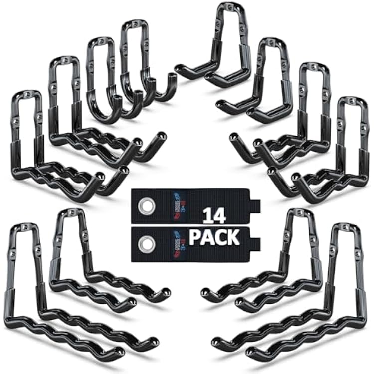 3-H Super Heavy Duty Garage Hooks 14 Pack, One-Piece Construction Garage Wall Hooks, Garage Hanger & Organizer Wall Mount for Ladders, Bikes, Chairs, WeedEaters, Shovels, Garden Tools Black