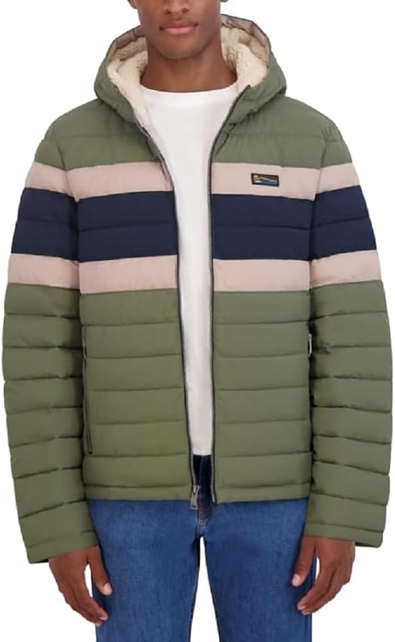 HFX Men's Color Block Water Resistant Hooded Puffer Jacket, Cactus, Medium