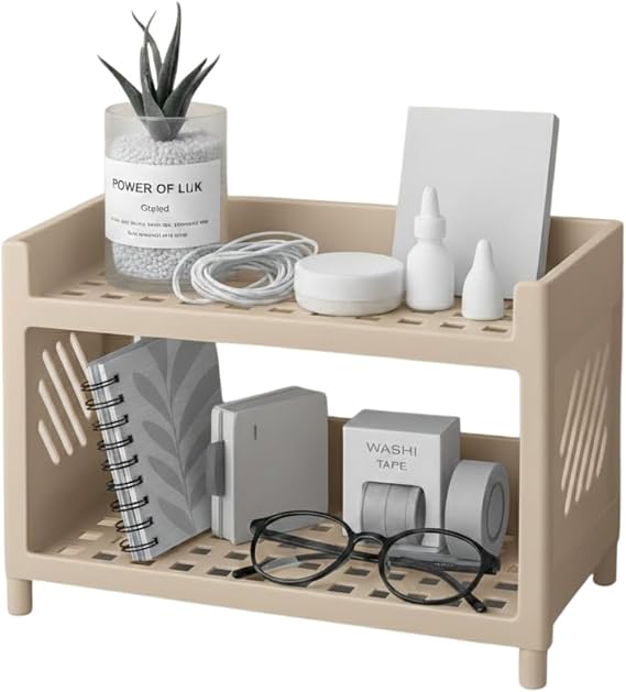 Çok Amaçlı 2 Katlı Organizer Raf – Bej Plastik Düzenleyici Stand – Banyo, Mutfak, Masaüstü ve Ofis İçin – 25 x 18 cm