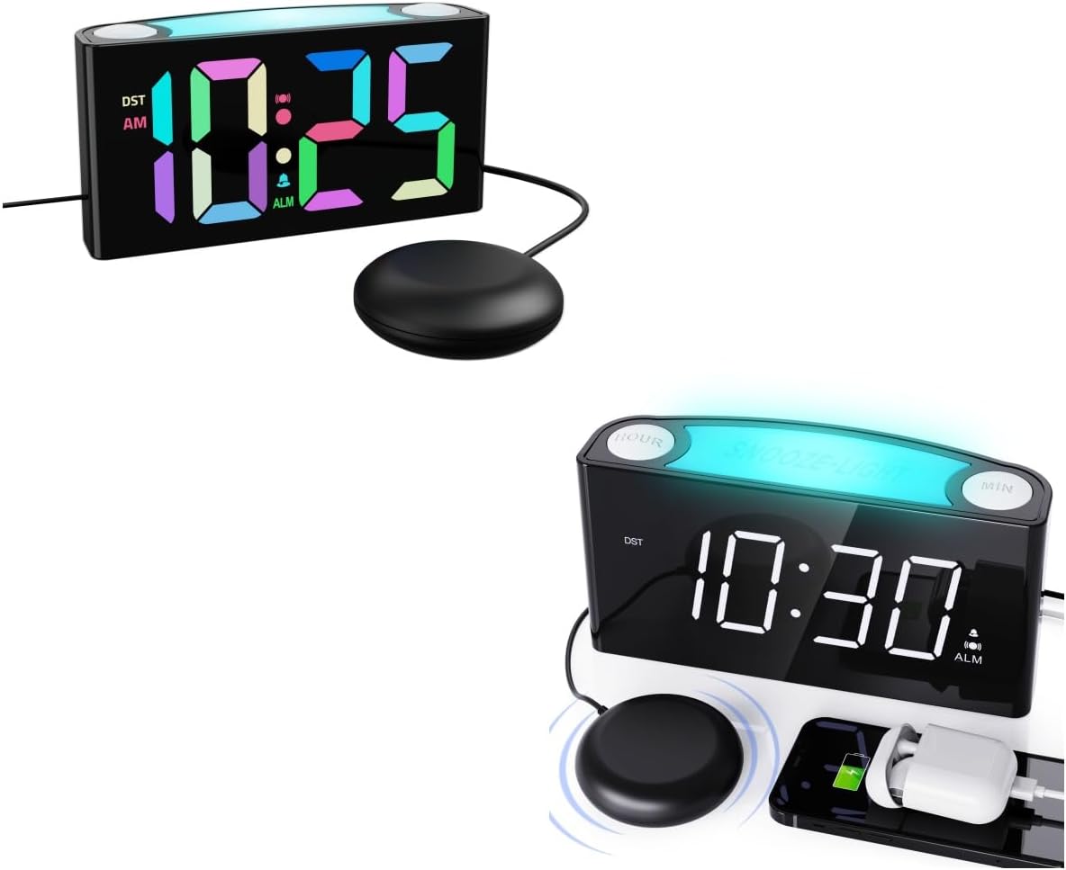 Alarm Clock for Heavy Sleepers Deaf Hard of Hearing, Vibrating Alarm with Bedshaker, Rainbow Alarm Clock for Kids Adults Seniors