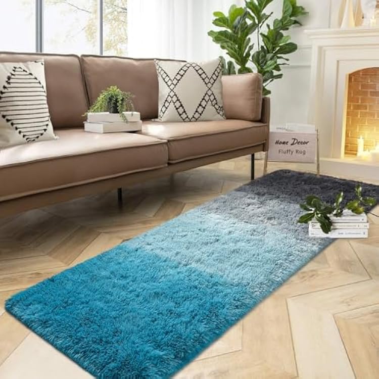 DweIke Luxury Shaggy Runner Rugs for Bedroom, 2x6 Feet Fluffy Runners Carpet for Girls Boys Kids, Non-Slip Extra Comfy Plush Bed Beside Rug for Living Room Nursery Home Decor, Black and Blue