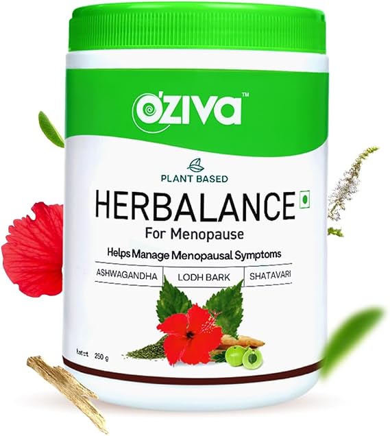 OZiva Plant Based HerBalance for Menopause,(with Black Cohosh, Lodh Bark, Licorice, Red Clover & More) for Hormonal balanace & Better Vaginal Health(0.55 lbs) (250 g)