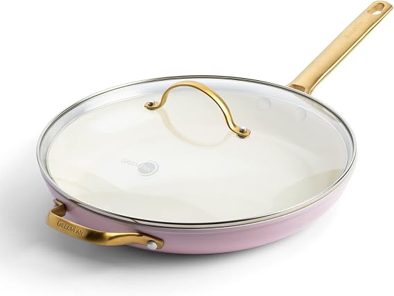 GreenPan Hard Anodized Healthy Ceramic Nonstick 12" Frying Pan Skillet with Helper Handle and Lid, Gold Handle, PFAS-Free, Dishwasher Safe, Oven Safe, Blush Pink