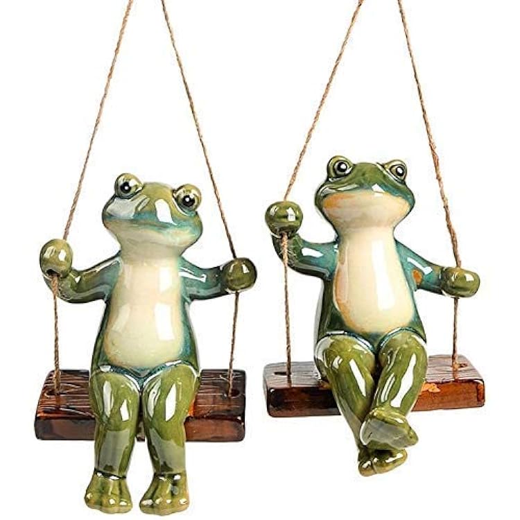 Garden Statues and Sculptures Outdoor Ceramics Frog Figurine Statue Sit on Swing Car Dashboard Decoration Office Desktop Ornament Garden Ornaments 13 x 9.7 x 8cm