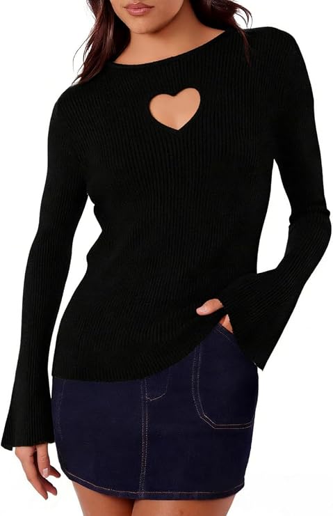 Chvity Women's Heart Cut-Out Knit Sweater Round Neck Long Sleeve Ribbed 2025 Valentine's Day Pullover Tops