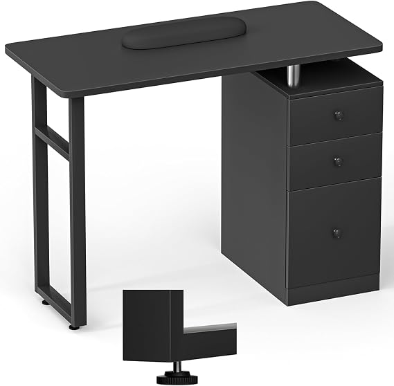 Black Nail Desk Manicure Table Acetone Resistant Nail Tech Desk wWrist Cushion, Storage Drawers & Cabinets