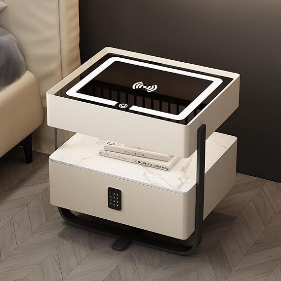 Smart Bedroom Sofa Side Table with Tri-Color LED Light, Modern Smart Nightstand with Wireless Charging Station and Fingerprint Lock, Suitable for Bedroom, Living Room, Dormitory.,White