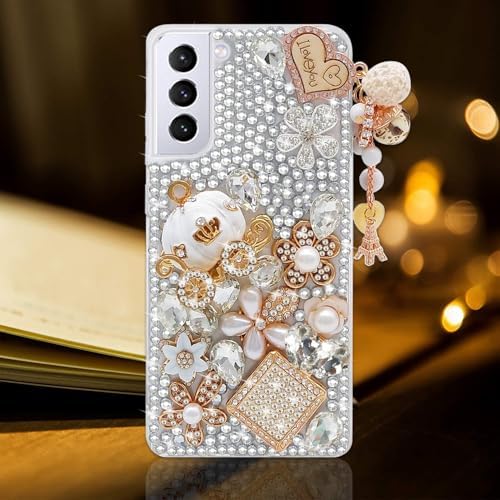 Guppy Compatible with Galaxy S21 Plus Case Women Luxury 3D Bling Shiny Rhinestone Diamond Crystal Pearl Handmade Pendant Iron Tower Pumpkin Car Flower Soft Protective Anti-Fall Case 6.6 inch