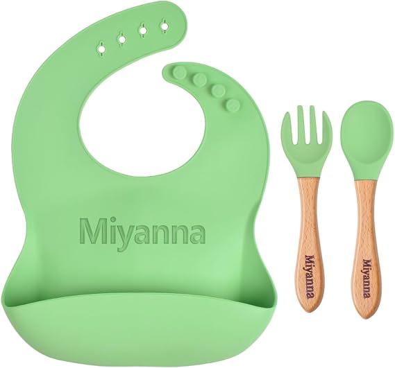 Personalized Silicone Baby Bib, Custom Toddlers Spoon and Fork, Baby Feeding Set with Name