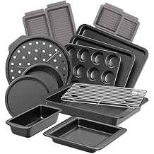HONGBAKE Bakeware Sets, Baking Pans Set with Reusable Silicone Sheet Trays Dividers, Nonstick Oven Pan with Wider Grips, 14-Piece Including Rack, Cookie Sheet, Cake, Loaf, Muffin, Pizza Pan