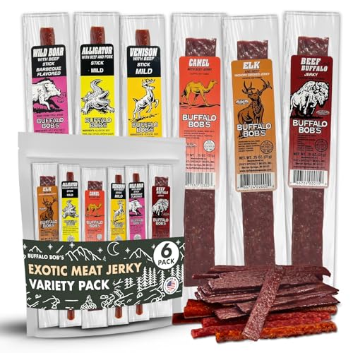 Buffalo Bobs Wild Game Meat Snacks 6 Pack | Exotic Jerky Sampler | Beef Jerky Gift Set, Snack Baskets for Men, Meat Gifts for Dad | Wild Boar, Alligator, Elk, Buffalo, Venison, Camel | Exotic Pack