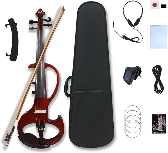 Electric Violin 4/4 Full Size Silent Violin Set for Beginner Adults Teens, Solid Wood Metallic Electronic Quite Violin with Ebony Fittings, Red (01)