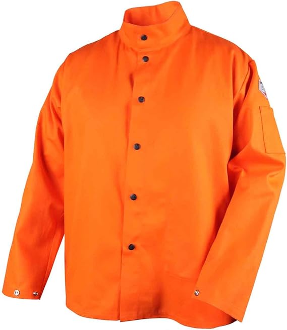 Revco Black Stallion (FO9-30C Welding Jacket, 9 oz Flame Resistant Cotton, Stand-Up Welder's Collar, Leather Reinforced Snaps, Scribe Pockets & Inside Pocket, Small, Safety Orange