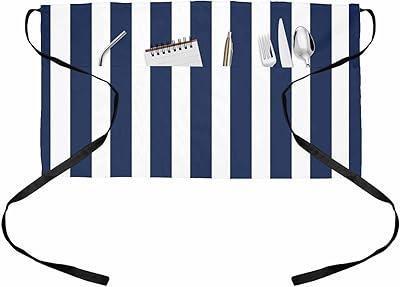 Navy Blue Striped Server Aprons with 3 Pockets, Modern Farmhouse Blue White Stripes Waist Aprons for Women Men, Waitress Waiter Half Apron for Kitchen Chef Cooking