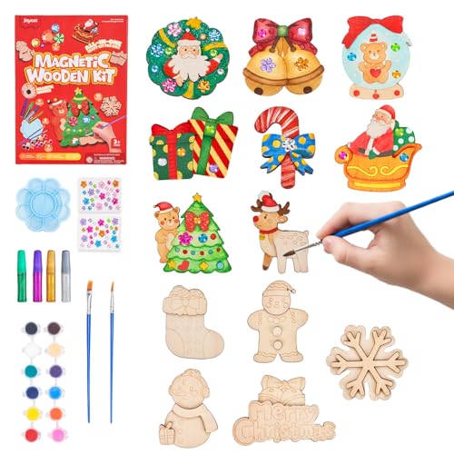 JoyCat DIY Wooden Magnets Kit, 13 Pcs Christmas Art Supplies, Painting Kit, Arts and Crafts for Kids Ages 4-8 8-12, Party Favors, Christmas Crafts, Birthday Gifts, Toys for Boys Girls