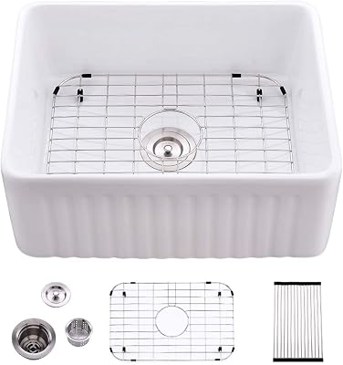 24 Inch Small White Farmhouse Sink-Bokaiya 24x18 Fireclay Farmhouse Sink Apron Front Porcelain Ceramic Single Bowl White Kitchen Sink with Dish Grid and Roll Up Rack