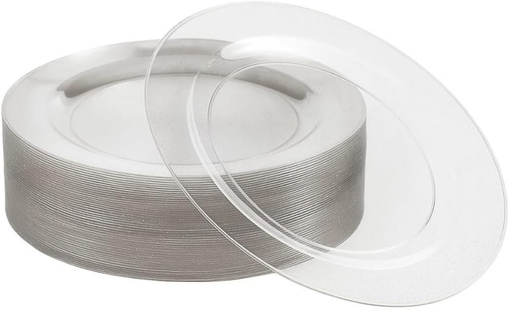MATANA 100 Premium Clear Hard Plastic Dinner Plates with Silver Glitter, 26cm  10 Inch - Elegant & Reusable Party Plates for Weddings, Birthdays, Picnic, BBQ, Parties