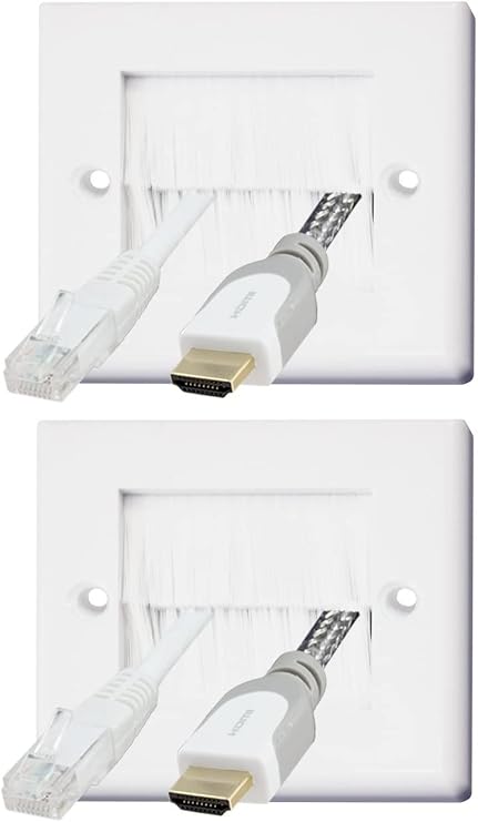 White Brush Single 1 Gang Wall Outlet Cable Entry Plate Tidy Mount Face Plate Wall Plate (2)