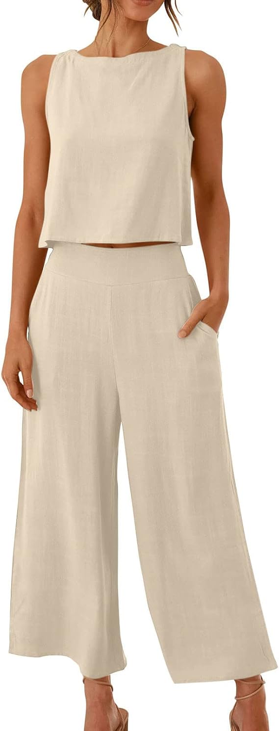 Women Cotton Linen 2 Piece Outfit Set Summer Sleeveless Crop Tank Tops and Wide Leg Pants Lounge Set with Pockets