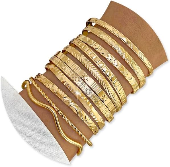 KISS WIFE Gold Bangle Bracelets for Women, Adjustable Stackable Cuff Set
