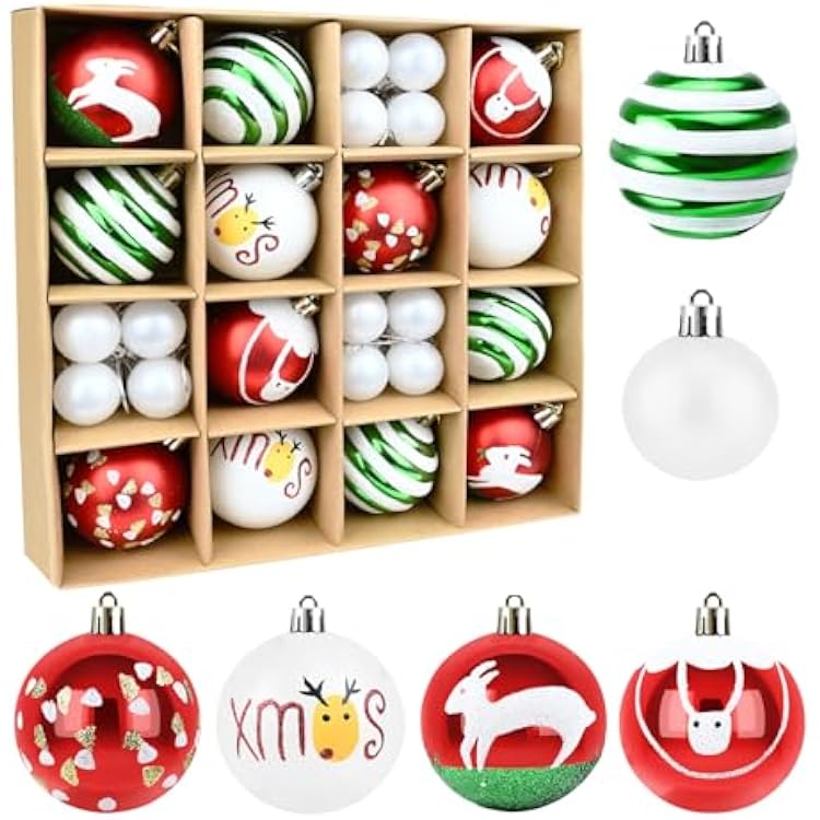 Christmas Ornaments Balls - 37ct Christmas Balls Include 13ct 2.36inch & 24ct 1.18inch Ball, Red Green White Xmax Tree Decorations Hanging Ball for Holiday Xmas Wedding Party Decor