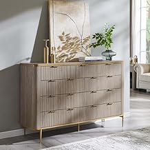T4TREAM Modern Fluted 9 Drawers Dresser, Chest of Drawers, 54" Wide Dresser TV Stand with Curved Profile Design/Gold Accents, Wood Drawer Organizer for Bedroom, Living Room, Hallway(Alder Grey)