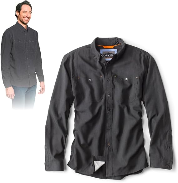 Orvis Tech Chambray Long Sleeve Men's Work Shirts - Lightweight Quick-Drying UPF 40 Chambray Fabric Casual Men's Shirts - Tall, Black - Medium