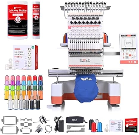 Poolin EOM 15-Needle Embroidery Machine | Starter Plus Bundle Includes 40 Thread Kit, 144pcs Bobbins, Cut Away & Tear Away Stabilizers, Tool Set
