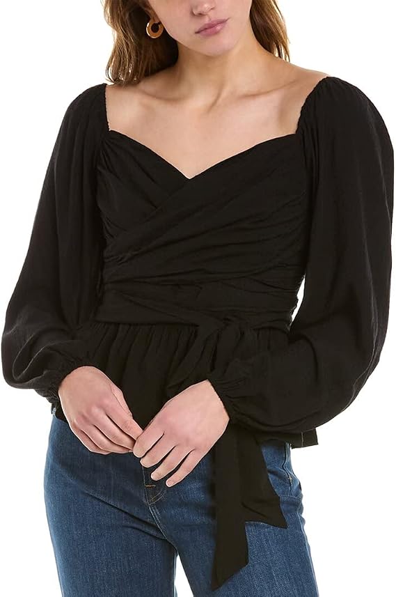BCBGMAXAZRIA Womens Fitted Peplum Top Off The Shoulder Long Sleeve Sweetheart Neck Smocked Back Bodice ShirtBlouse