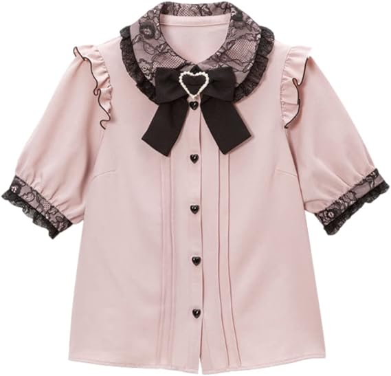 Women Lolita Blouse Teen Lace Short Puff Sleeve Shirt Peter Pan Collar Gothic Kawaii Vintage Ruffle Top with Bow