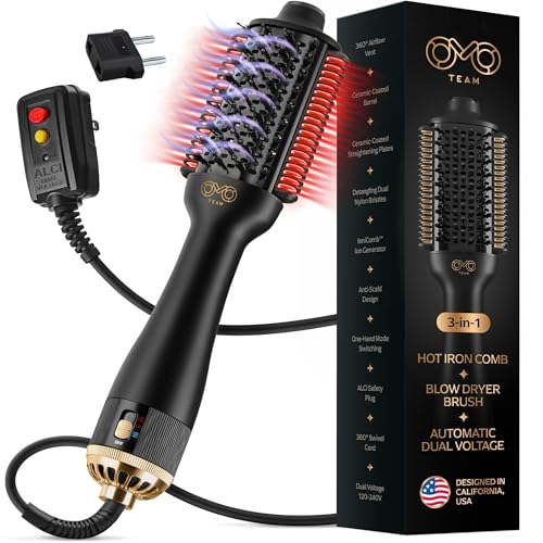 Automatic Dual Voltage Blowout Brush Hair Dryer, 4-in-1 Blow Drying Brush, Ionic Hair Straightener wNo Heat Damage, Light 1.3 lb Blowout Tool, Blow Dryer Curling Wand, Hot Air Styler for All Types