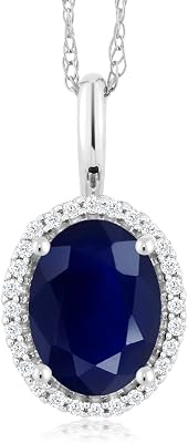 Gem Stone King 10K White Gold Oval Halo Pendant Necklace for Women | Gemstone Birthstone and Diamond | Oval 8X6MM | White Gold Necklace | 18 Inch Chain | Fine Jewelry Gifts for Her Mom Women Wife