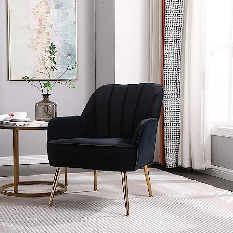 Velvet Upholstered Accent Chair, Mid Century Modern Single Sofa Chair with Metal Legs and Soft Cushions, Sherpa Armchair for Living Room Bedroom Office Black