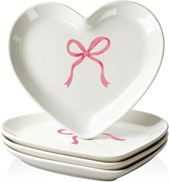 FoldTier 4 Pcs Ceramic Valentine's Day Heart Plates 6.8 Inch Valentine's Day Pink Bow Appetizer Dessert Plates Coquette Heart Shaped Dinner Tableware for Wedding Galentines Anniversary Wedding Party