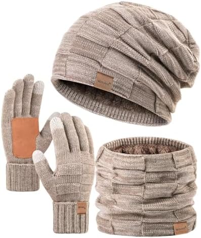 Mens Hat Scarf and Gloves Set Winter, Thick Thermal Fleece Lined Slouchy Beanie Neck Warmer Scarves Touchscreen Gloves, 3 in 1 Warm Set for Cold WeatherKhaki