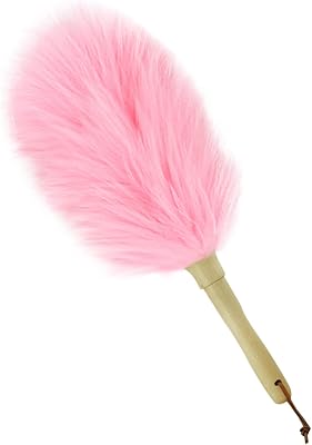 Lambswool Duster 14 Length Solid Wooden Handle Leather Hang Strap for Cleaning Ceiling Fans Window Blinds Computer Furniture Figurines TV Natural Feather Duster,Pink