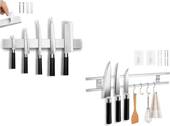 16 Inches Magnetic Knife Strip No Drill, Adhesive Magnetic Knife Holder for Wall, 17 Inch Magnetic Knife Holder with 4 Hooks, Dual Rod Strong Magnet Knife Bar for Partry Garage Tool Rack
