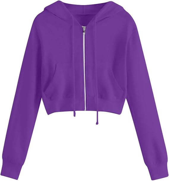 Womens Full-Zip Cropped Hoodies Fall Casual Drawstring Hooded Jacket Women Long Sleeve Lightweight Cardigan Coats