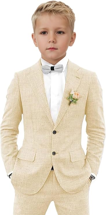 2 PC Boys Linen Suit for Summer Wedding Notch Lapel Kids Formal Suit Toddler Tuxedos Set