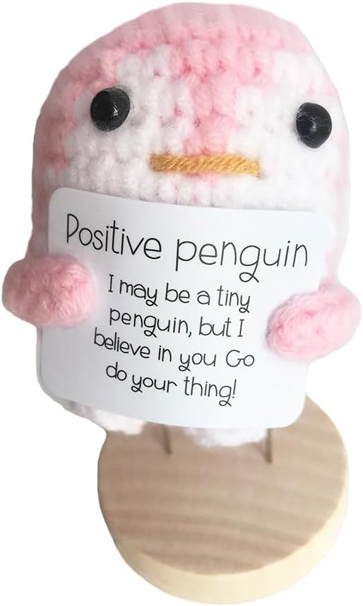 Handmade Emotional Positive Penguin with Card and Wooden Base for Women Birthday Christmas Stocking Stuffer Friend Party Gifts (Pink)