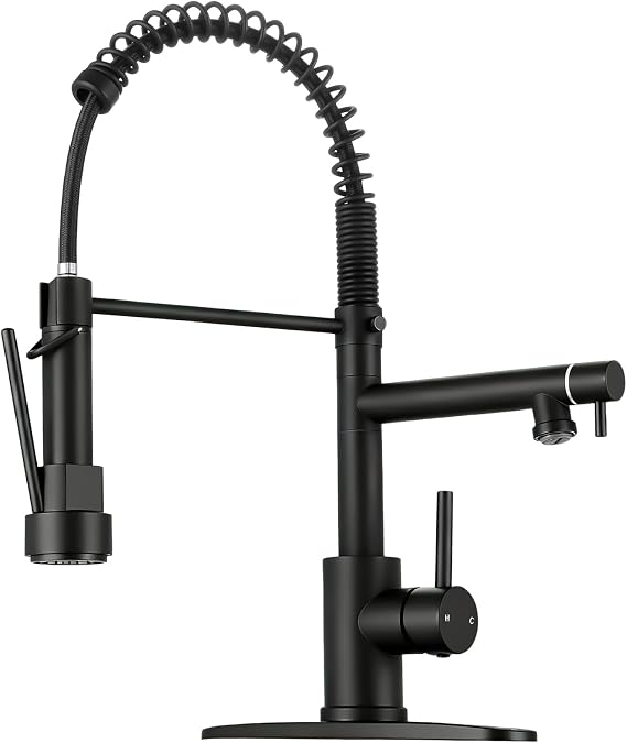 Kitchen Faucet with Pull Down Sprayer, 2-Spout, Matte Black | Commercial Spring Design, SUS 304 Stainless Steel, Spray Lock, Single Handle, 1 or 3-Hole Installation, Deck Plate Included