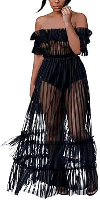 Women Sexy Lace Off Shoulder Mesh See Through Long Pleated Maxi Dress Club Party Gown
