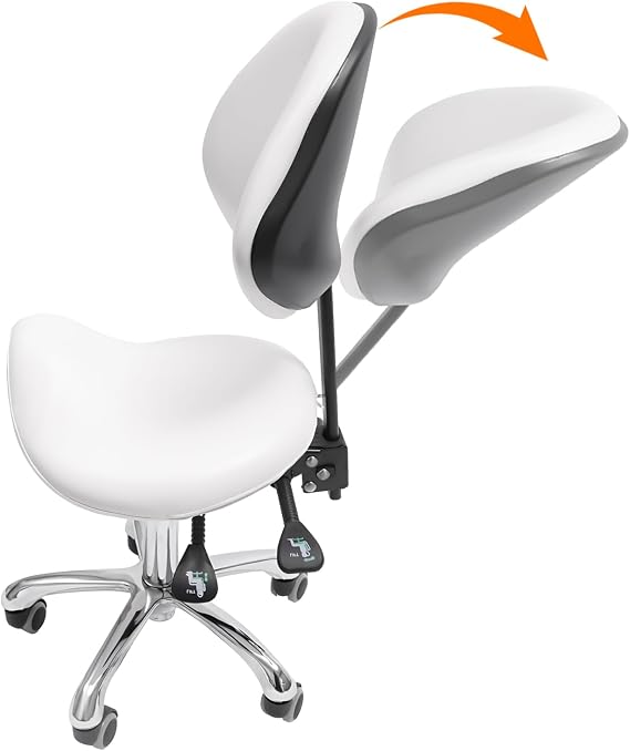 Modern Saddle Stool with Backrest & 5 Wheels, Adjustable Height & Reclining, White, Office & Salon Spa Massage Tattoo Drafting, Load 198.42lbs