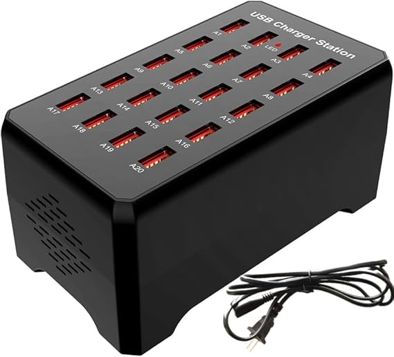 20-Port Black USB Charging Station,100W/20A Multi-Port USB Hub, Suitable for Smartphones, Tablets, and Other USB Devices.