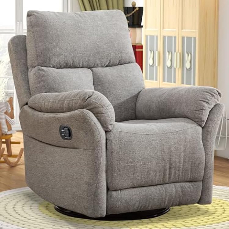 ANJ Swivel Rocker Recliner Chair, Manual Fabric Glider Nursery Recliner Chair, Single Rocking Modern Sofa Home Theater Seating for Living Room, Nursery Silver