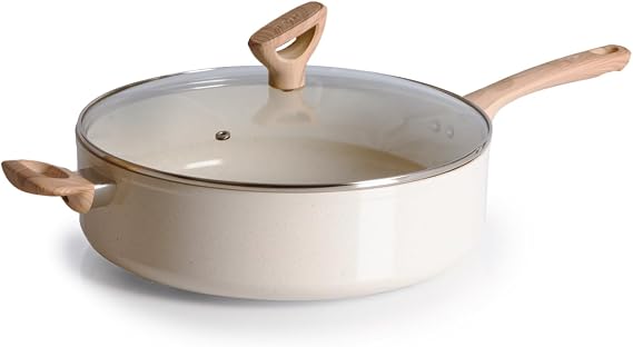 T-fal Revive Ceramic Nonstick Saute Pan with Lid, 6 Qt Forged Skillet | Recycled aluminum body, GoCeram ceramic nonstick, Thermo-Spot heat indicator, Oven safe to 350F, Gas and electric compatible