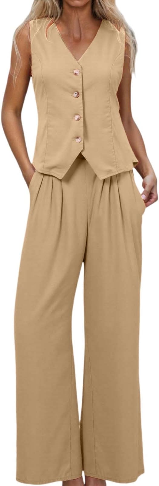Vest and Pants Set Women Cotton Button Down V Neck Sleeveless Waistcoat and Wide Leg Pant Suits Dressy Casual Business Sets