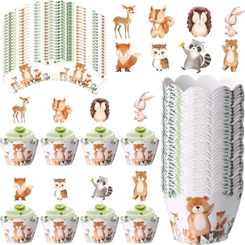 96 Pcs Woodland Cupcake Toppers and Wrappers Woodland Animals Cake Decorations Jungle Safari Zoo Cupcake Picks and Liners for Forest Animal Theme Baby Shower Birthday Party Supplies